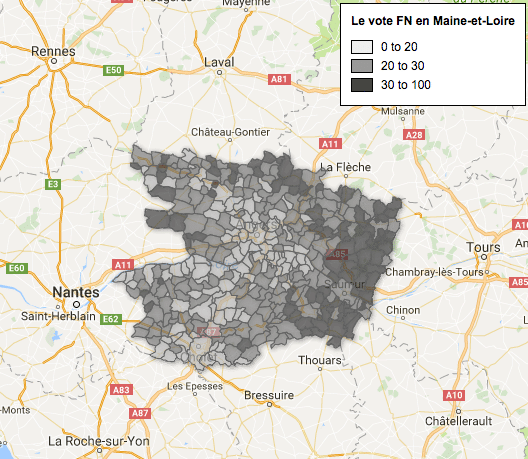 Illustration : Répartition des votes “Front National” dans le département du Maine-et-Loire lors des élections régionales de 2015
(source : Ministère de l'Intérieur) 